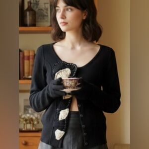 Sparrow Anthro Black Wool Blend Cardigan Shell Appliqué Embroidered XS
